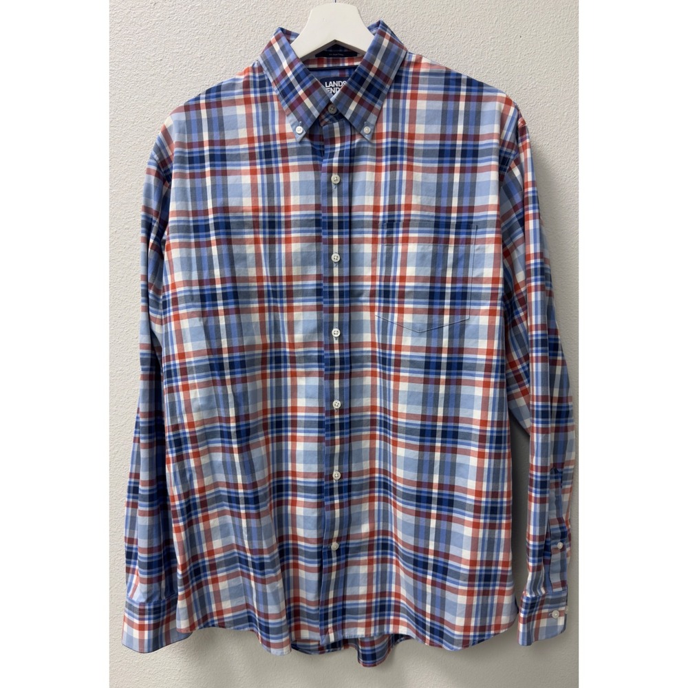 Lands End Button Down Shirt Mens L Blue Red Plaid No Iron Twill Preppy Business